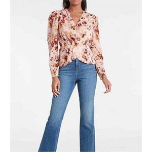 Express Pink Red & Yellow Long Sleeve Faux Wrap Peplum Hem Blouse Womens XS